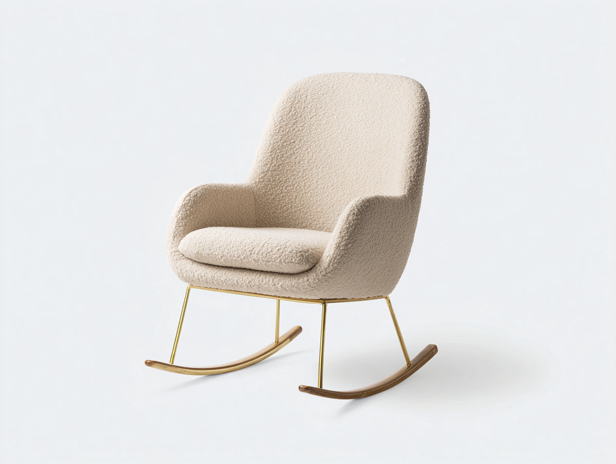 Sedia a dondolo - Bouclé-Metallo-Legno - 81x74x103 cm - Crema-Oro-Legno naturale - Stile moderno elegante