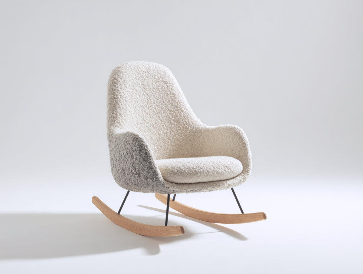 Sedia a dondolo - Bouclé-Metallo-Legno - 78x73x95 cm - Crema-Nero-Legno naturale - Stile nordico moderno