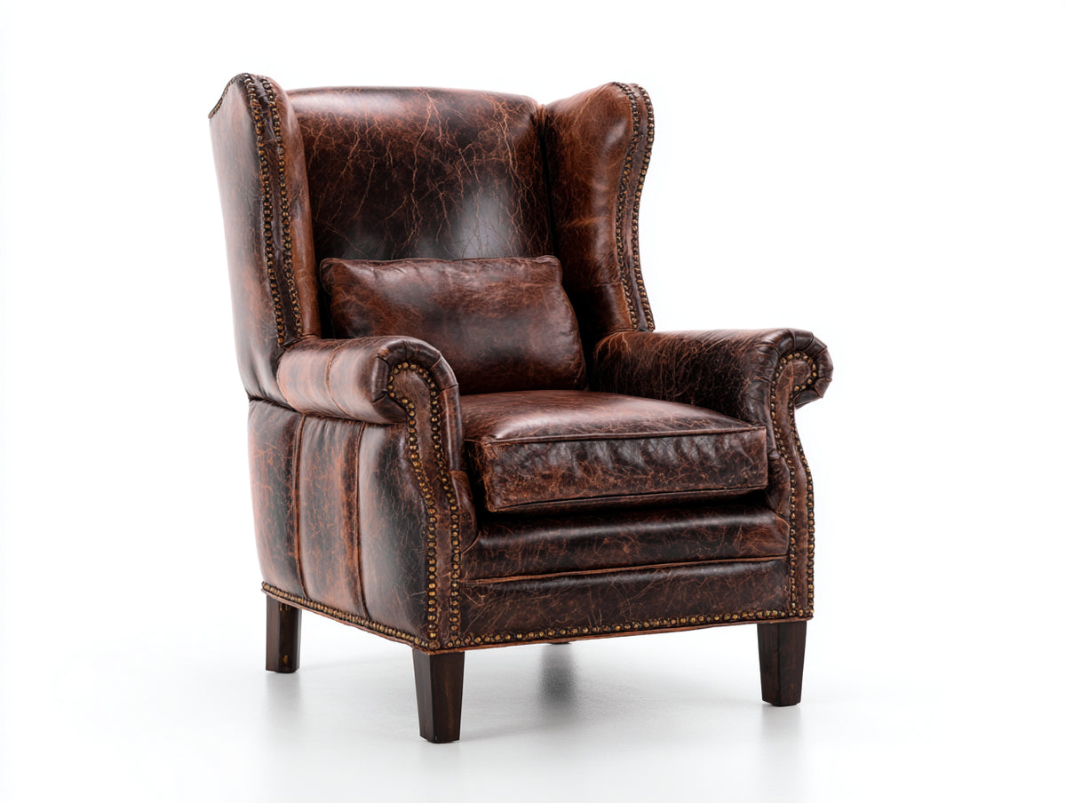 Poltrona - pelle-legno - 91x86x110 cm - marrone scuro - stile vintage