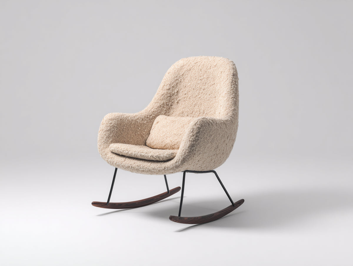Sedia a dondolo - Bouclé-Metallo-Legno - 82x76x102 cm - Beige chiaro-Nero-Marrone scuro - Stile moderno