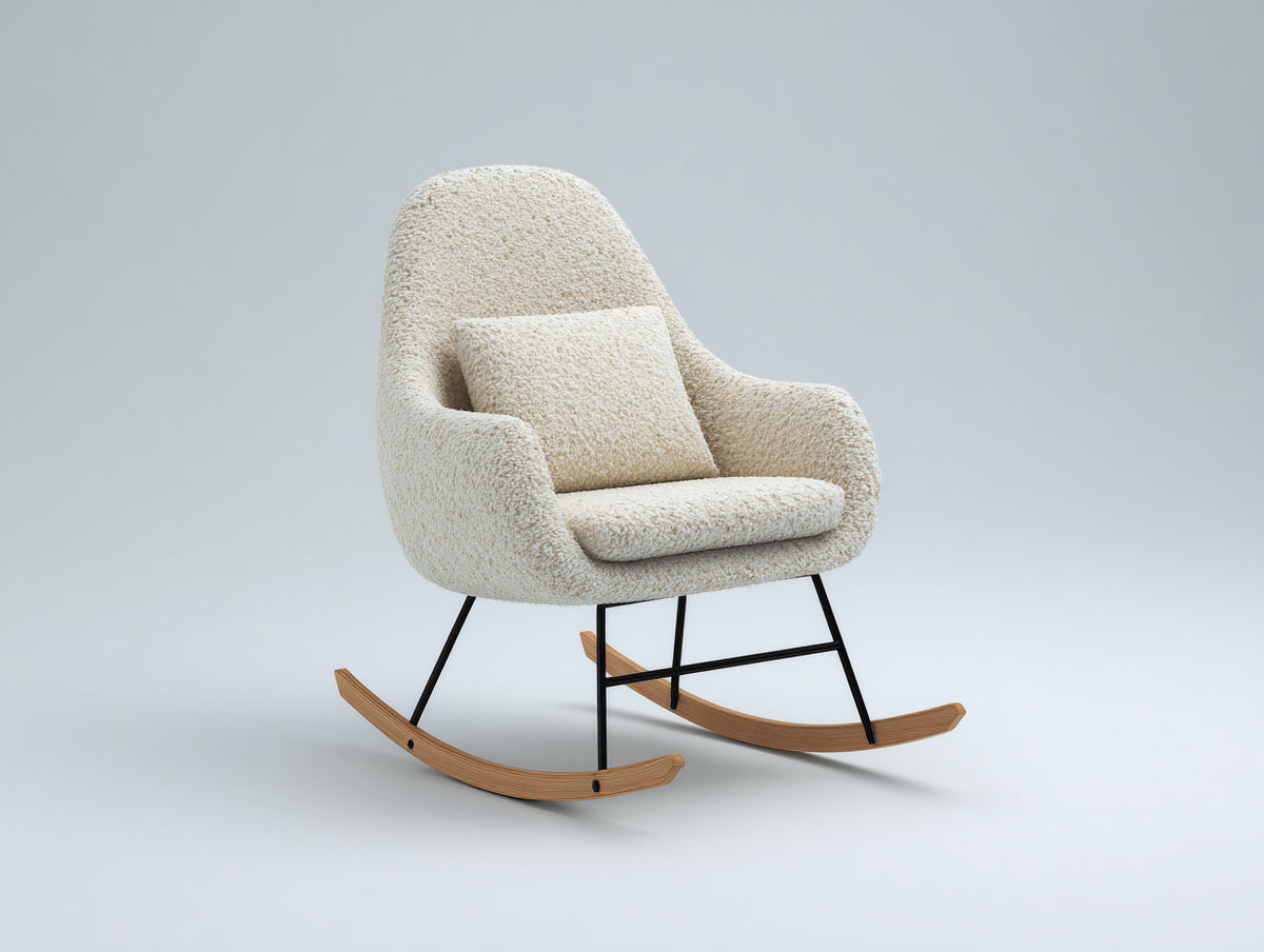 Sedia a dondolo - Bouclé-Metallo-Legno - 81x75x100 cm - Crema-Nero-Legno naturale - Stile nordico contemporaneo