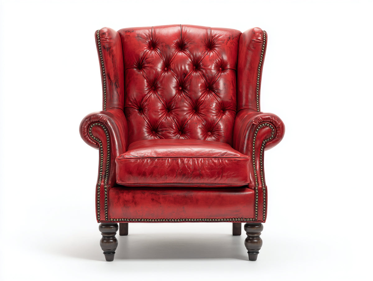 Poltrona - Pelle-Legno - 89x88x111 cm - Rosso - Stile Chesterfield classico