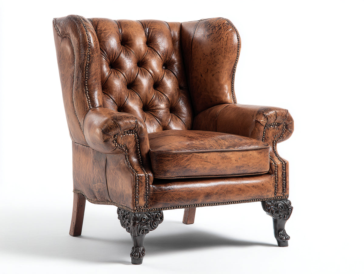 Poltrona - pelle-legno - 95x90x112 cm - marrone chiaro - stile classico