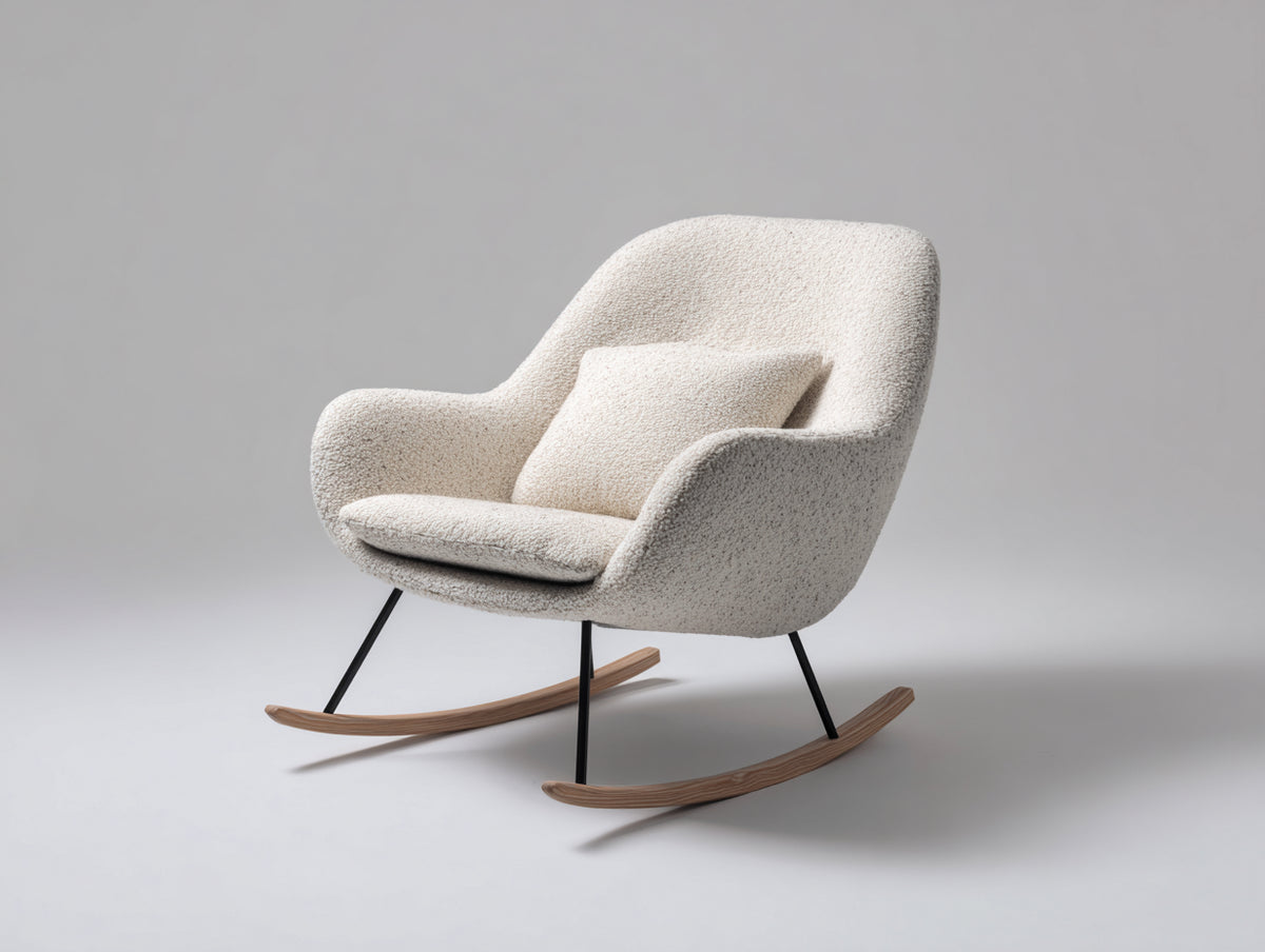 Sedia a dondolo - Bouclé-Metallo-Legno - 82x76x94 cm - Crema-Nero-Legno naturale - Stile contemporaneo