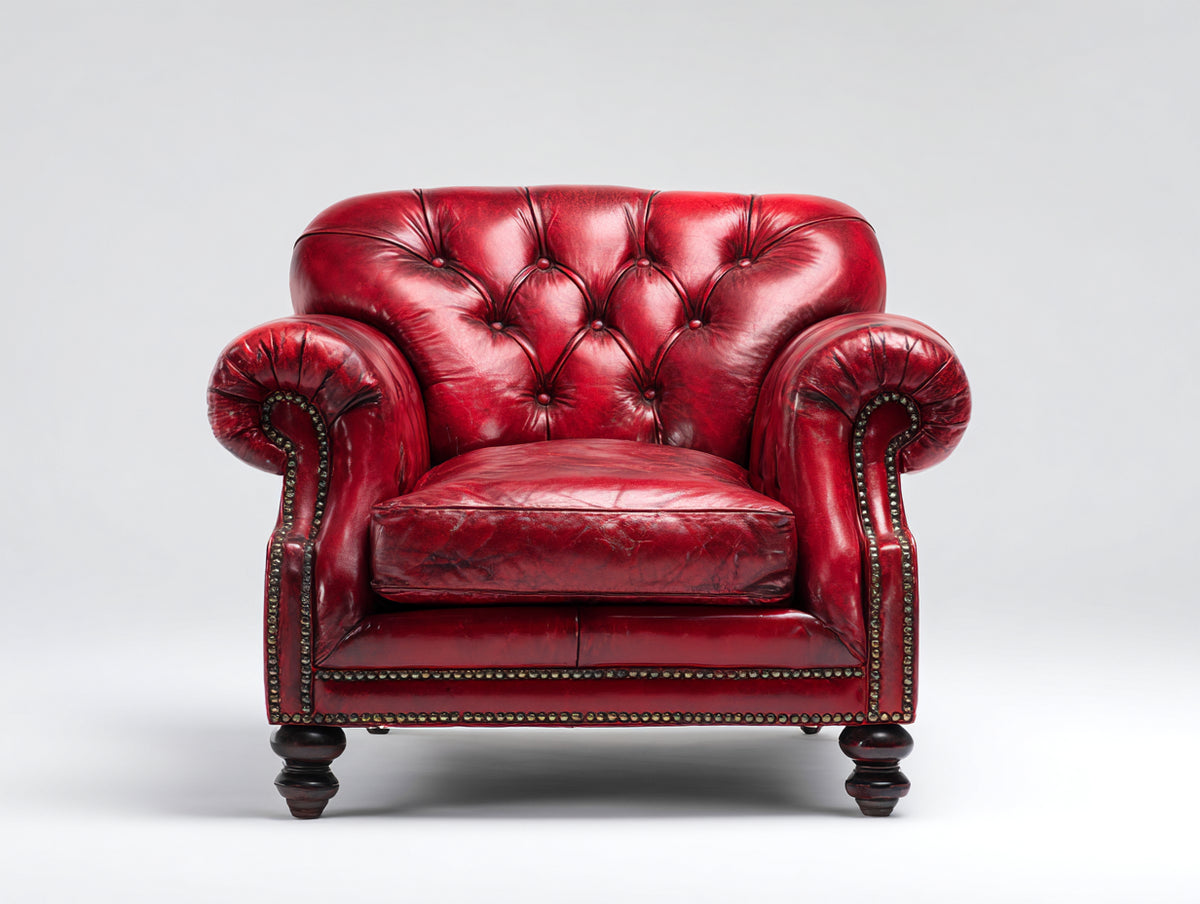 Poltrona - Pelle-Legno - 102x92x82 cm - Rosso - Stile Chesterfield classico
