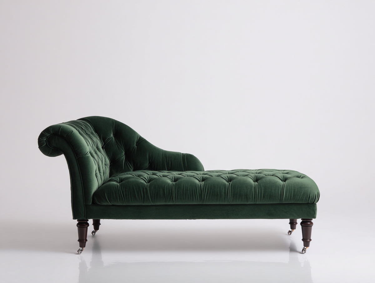 Chaise longue - Velluto-Legno-Metallo - 192 x 80 x 89 cm - Verde bosco-Marrone-Argento - Stile vittoriano classico