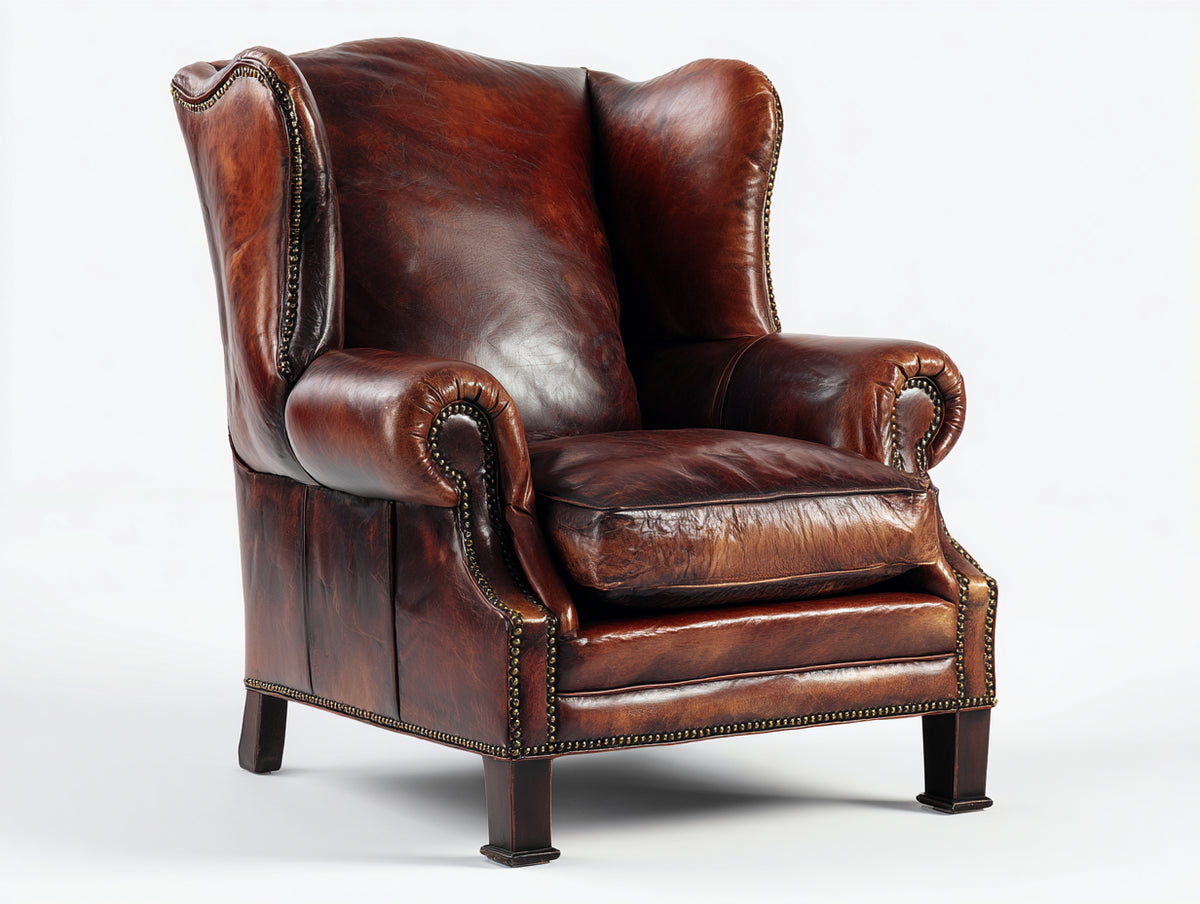 Poltrona - Pelle-Legno - 93x90x112 cm - Marrone castagna - Stile classico inglese