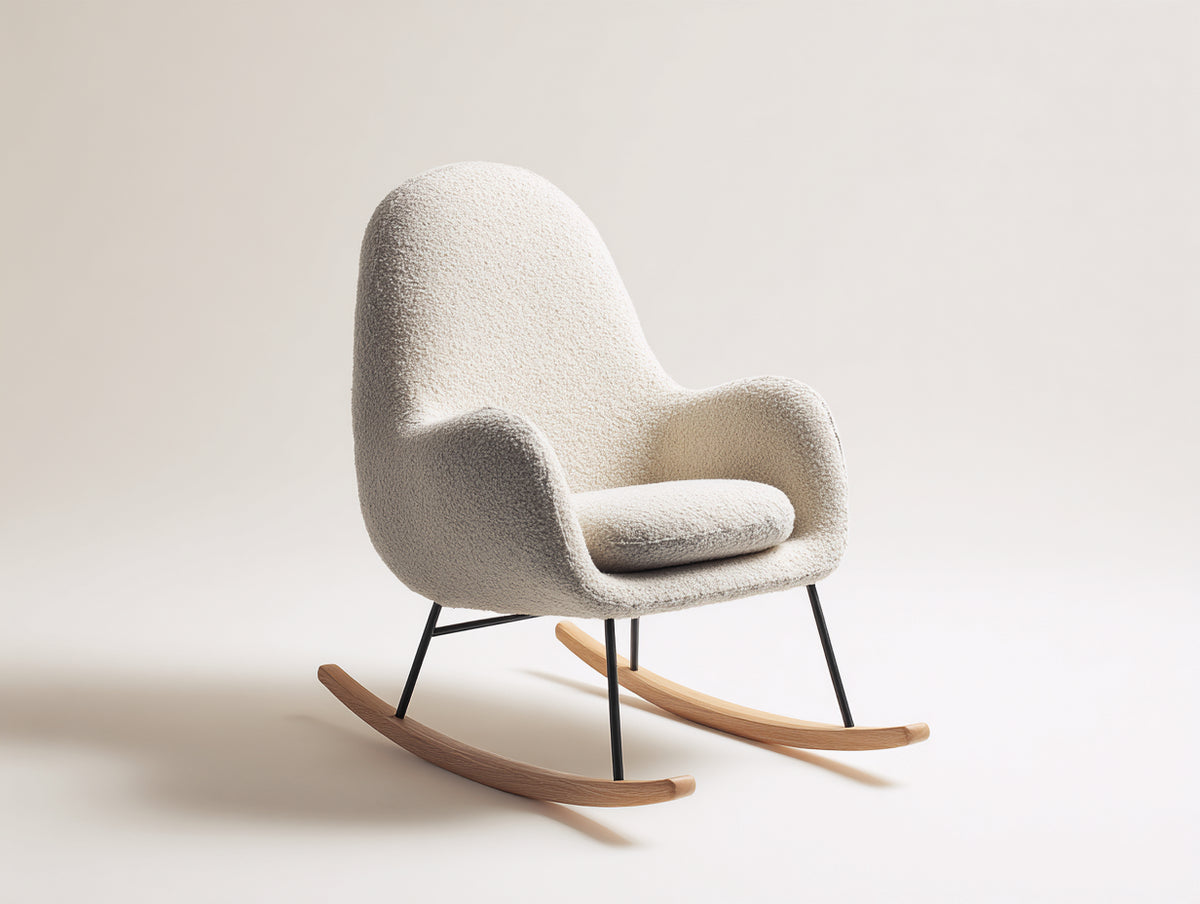 Sedia a dondolo - Bouclé-Metallo-Legno - 80x74x98 cm - Crema-Nero-Legno naturale - Stile scandinavo contemporaneo