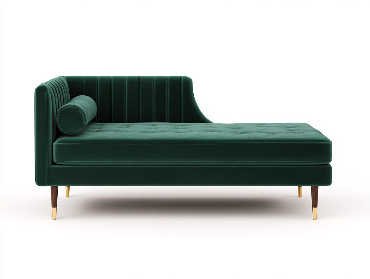 Chaise longue - Velluto-Legno-Metallo - 190 x 84 x 82 cm - Verde bosco-Marrone-Oro - Stile Art Déco contemporaneo