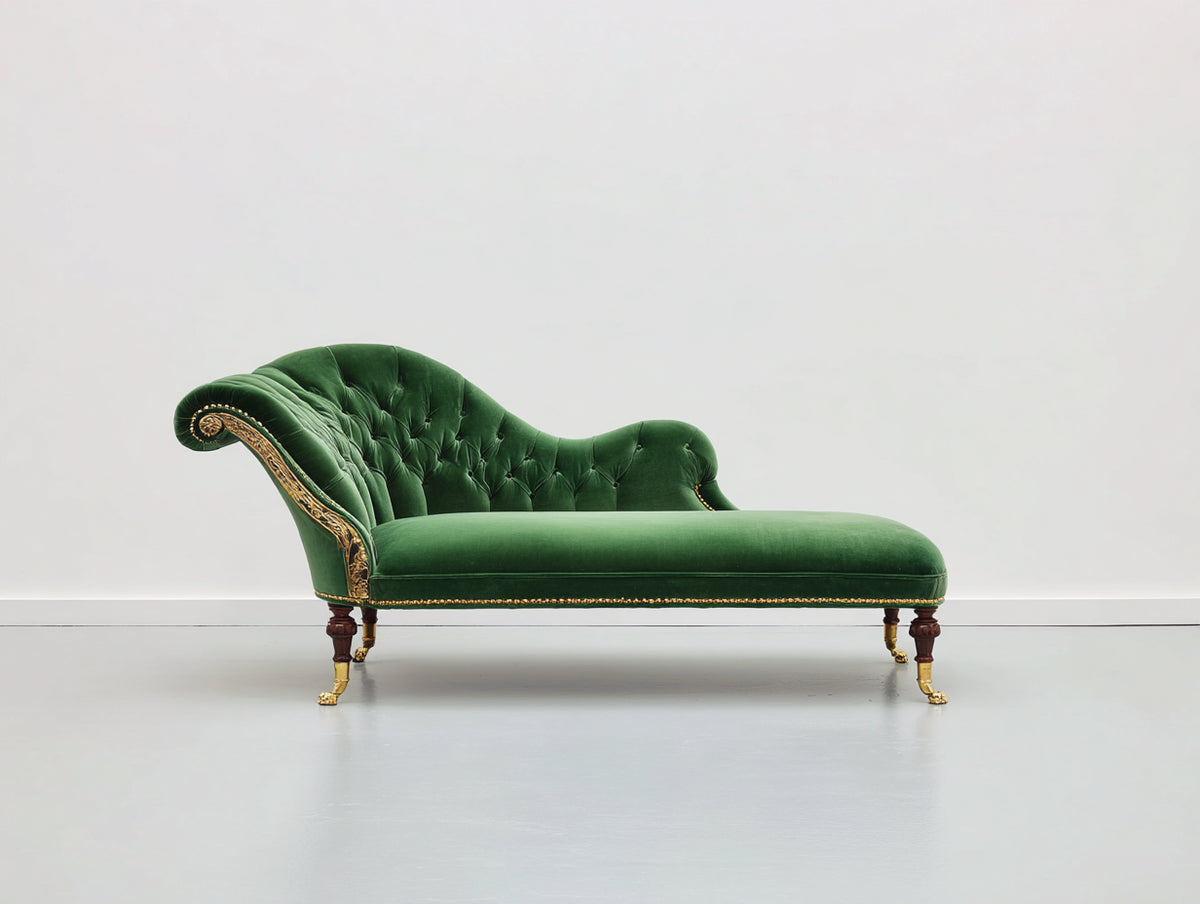 Chaise longue - Velluto-Legno-Metallo - 194 x 82 x 90 cm - Verde bosco-Marrone-Oro - Stile vittoriano classico