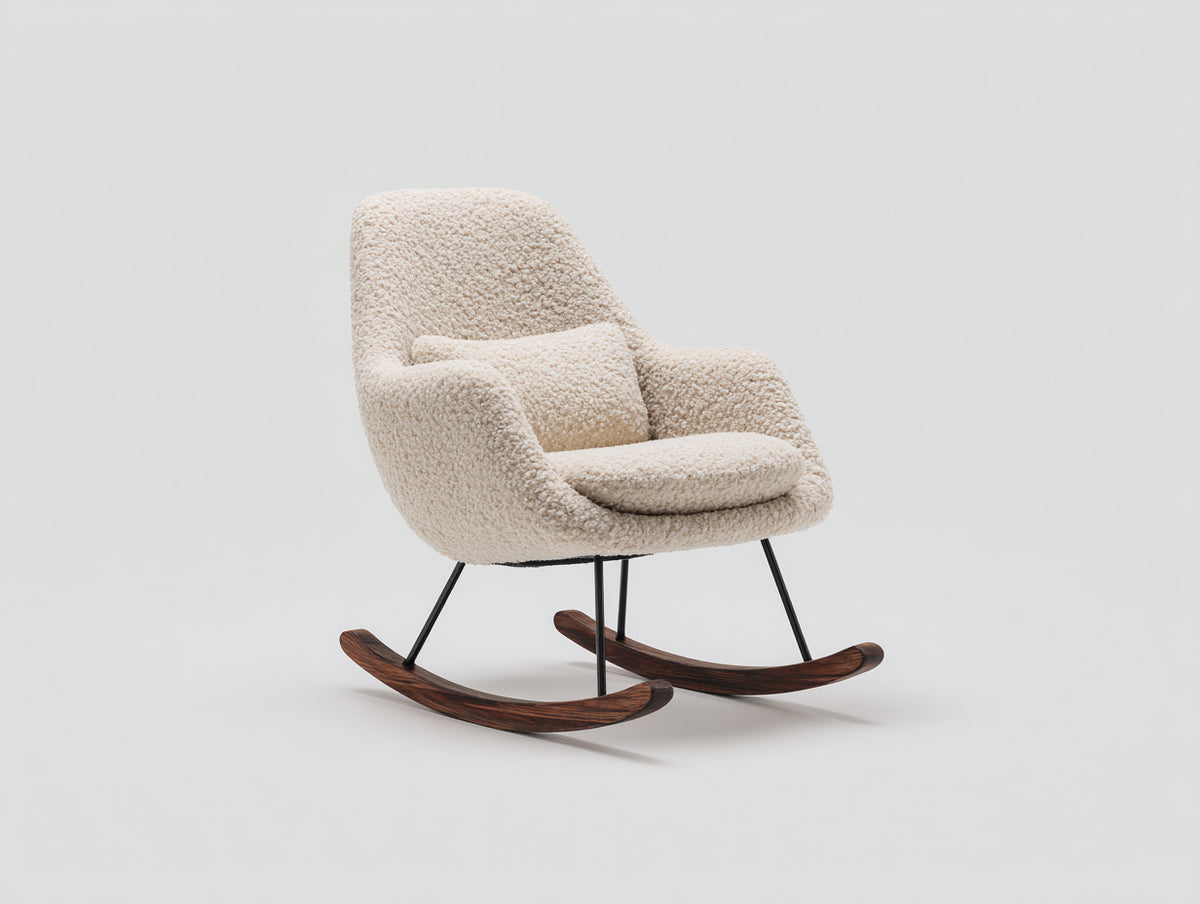 Sedia a dondolo - Bouclé-Metallo-Legno - 81x75x96 cm - Crema-Nero-Marrone scuro - Stile moderno