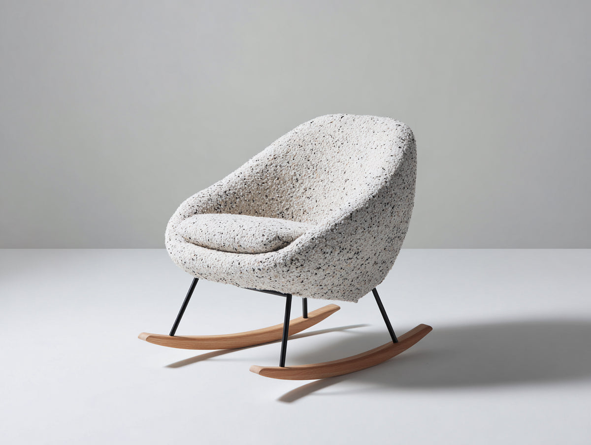 Sedia a dondolo - Bouclé-Metallo-Legno - 80x75x91 cm - Bianco screziato-Nero-Legno naturale - Stile moderno