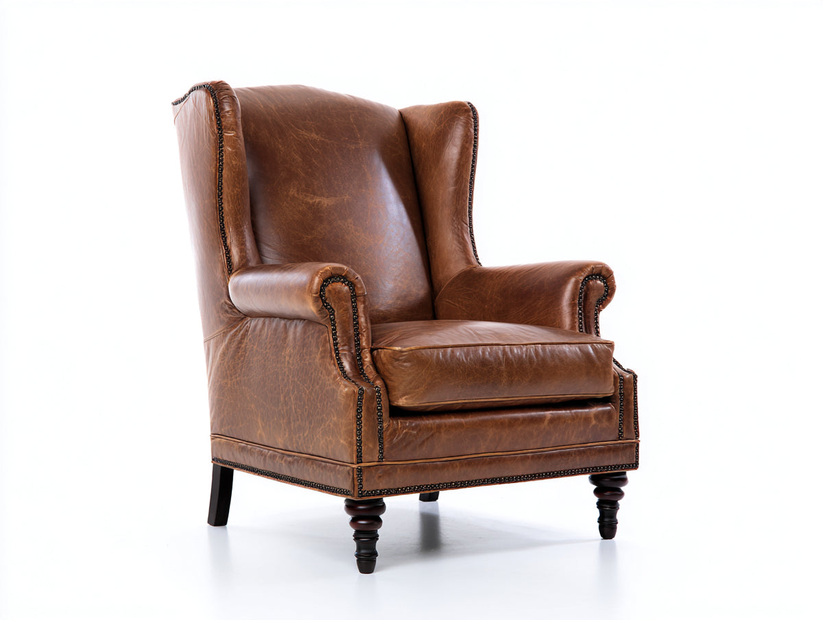 Poltrona - Pelle-Legno - 90x89x111 cm - Cognac - Stile classico vintage